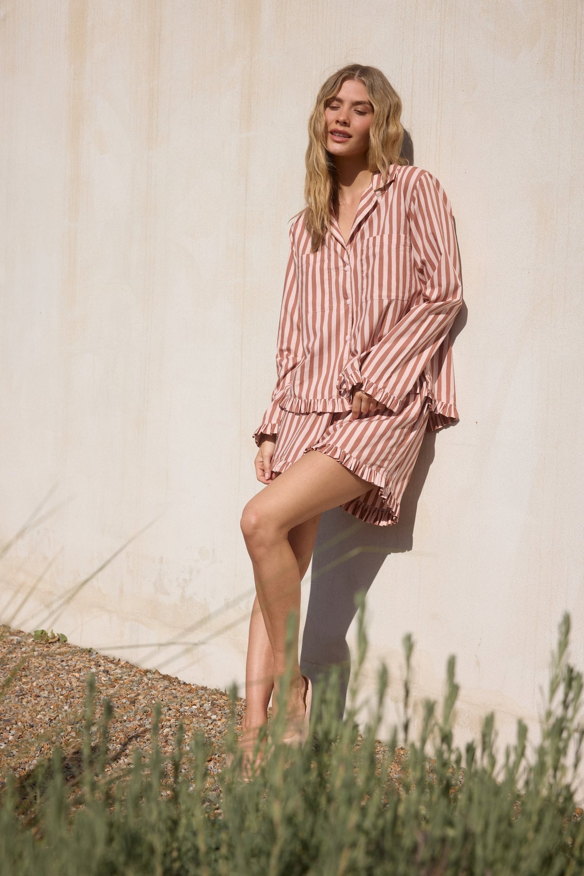 Piyama Felicity Frill Set - Long Sleeve - Cotton Modal - Stripe Mocha — view 5