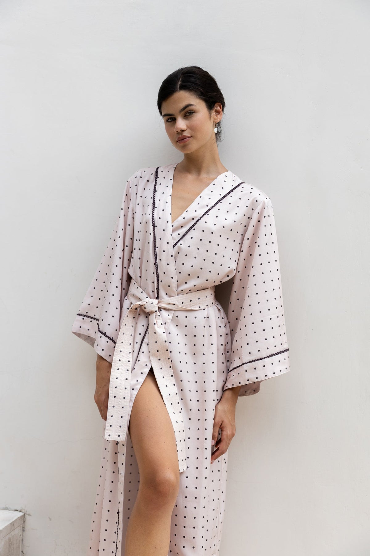 Piyama Alice Kimono Robe in Dot – nude and black dot print kimono robe in TENCEL™ Lyocell – image 7