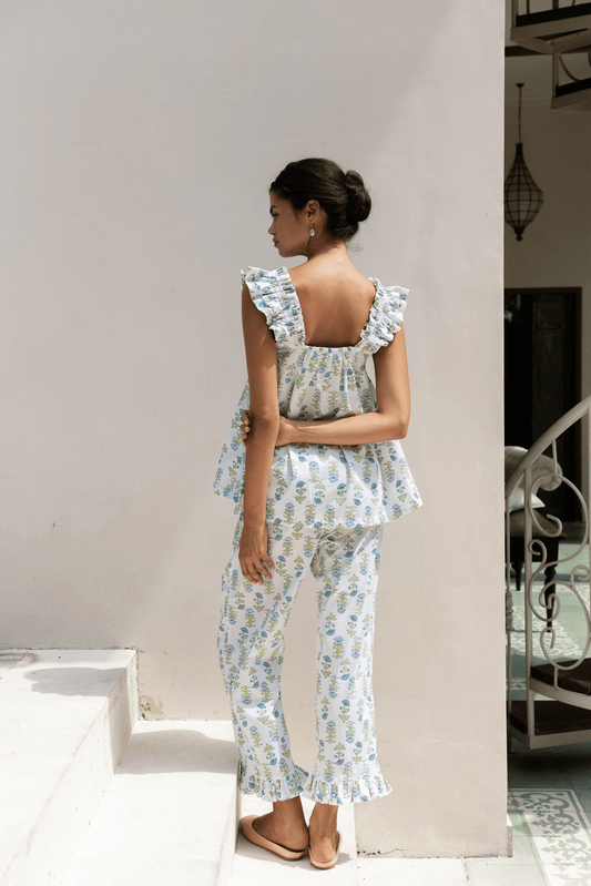 Nicolette Sleep Set - Pants - Cotton - Lotus Flower - Blue