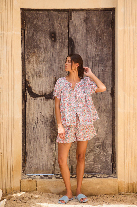 Piyama Libby Lounge Set in Floret – red ditsy floral lounge set – button-down top and shorts in cotton – image 2