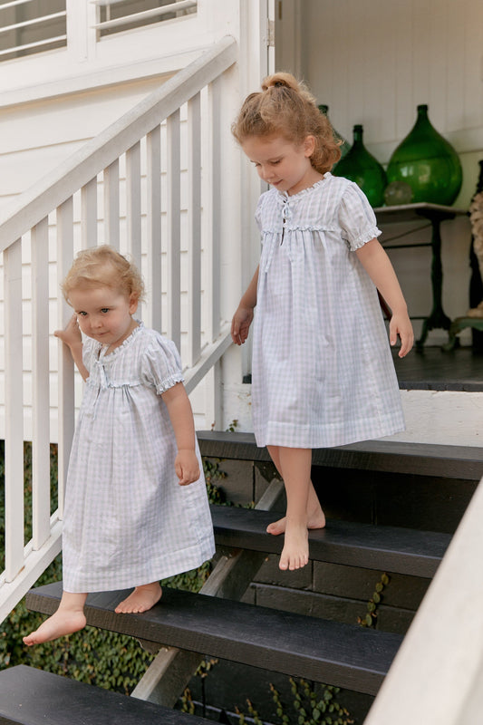 Girls Lounge Dress - Gingham Pale Blue