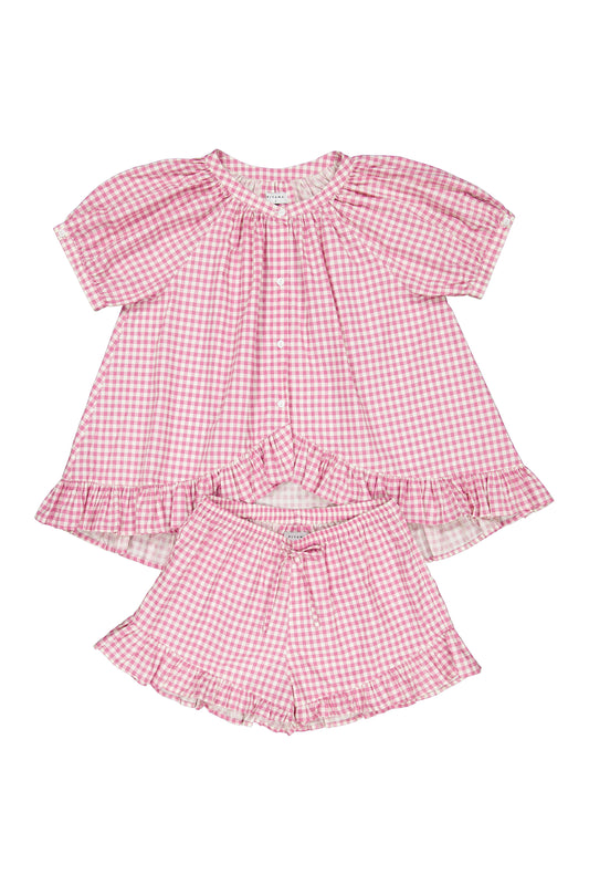 Piyama Sophie Sleep Set in Gingham Berry – pink gingham pajama set – top and shorts in cotton – image 2