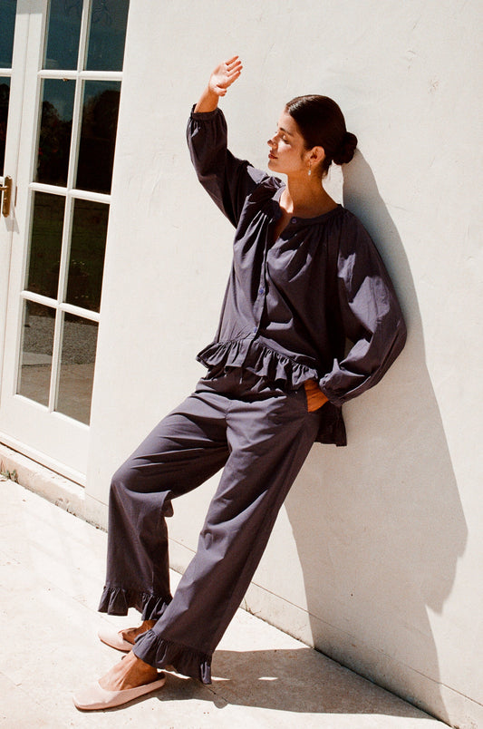 Piyama Sophie Sleep Set in Midnight – navy ruffle-trim pajama set – long-sleeve top and long pants in cotton modal – image 1