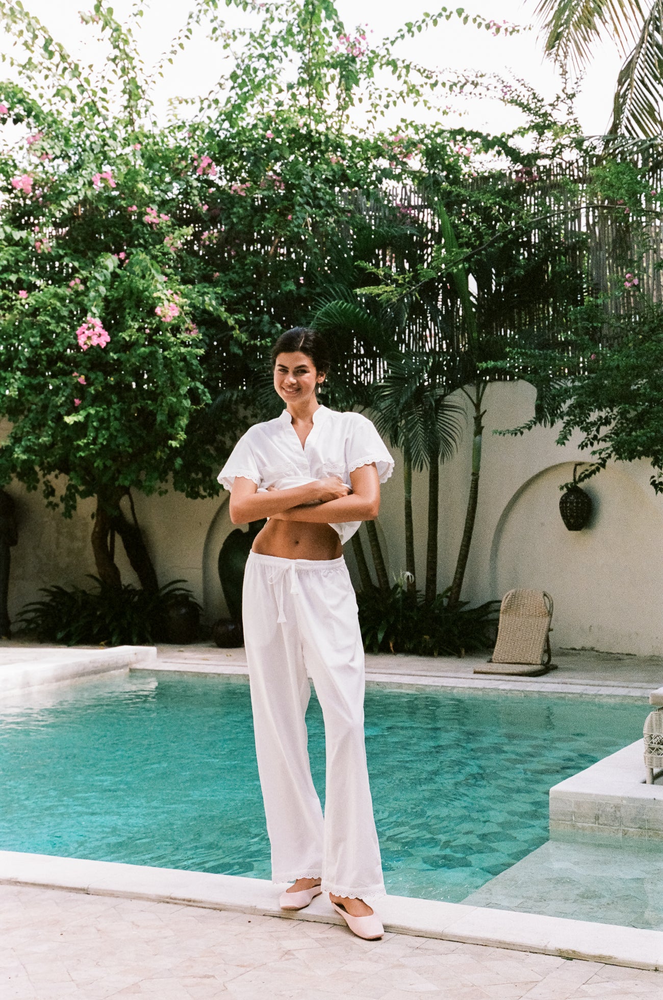 Maggie Pyjama Set - Long Pants - Off White Cotton Modal + Daisy Trim