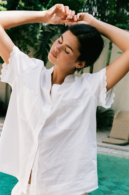 Maggie Pyjama Set - Bridal - Cotton Modal - Off White + Daisy Trim