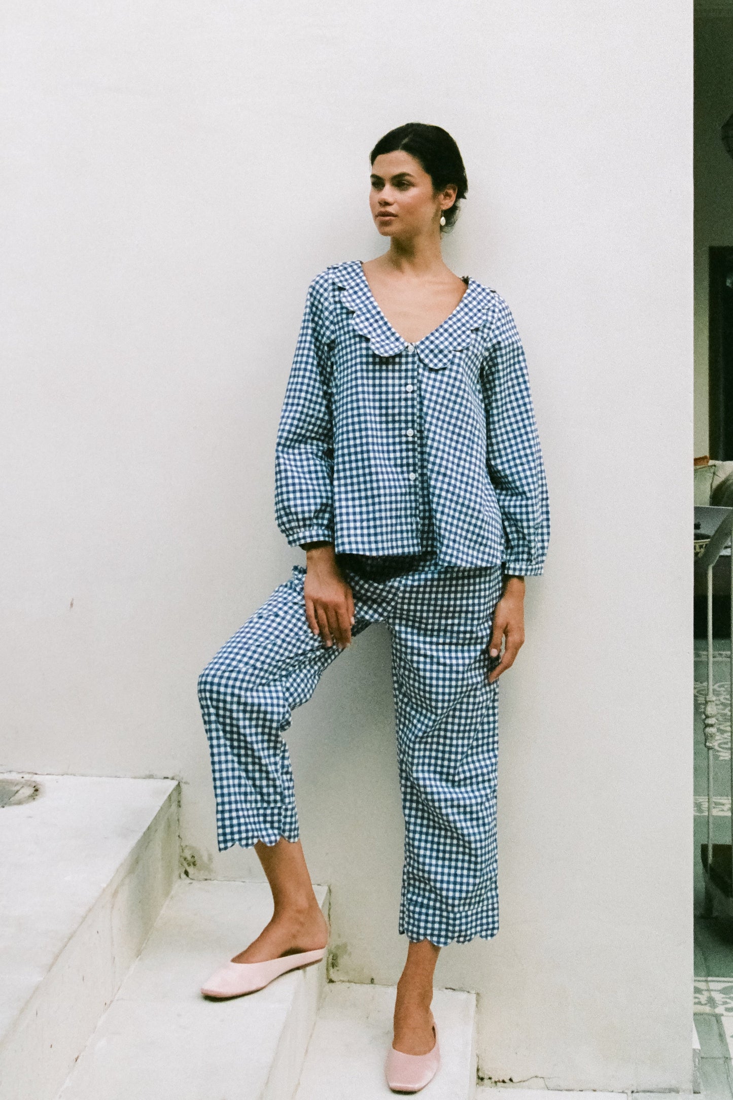 Penelope Sleep Set - Long - Gingham - Navy