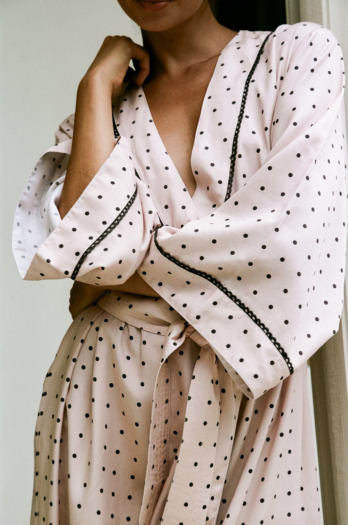 Piyama Alice Kimono Robe in Dot – nude and black dot print kimono robe in TENCEL™ Lyocell – image 2