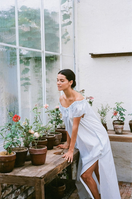 Lily Lounge Dress - Long - Cotton - Gingham Pale Blue