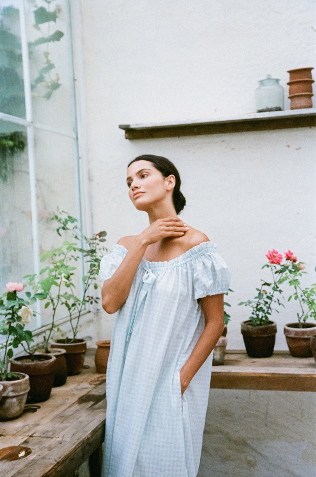 Lily Lounge Dress - Long - Cotton - Gingham Pale Blue