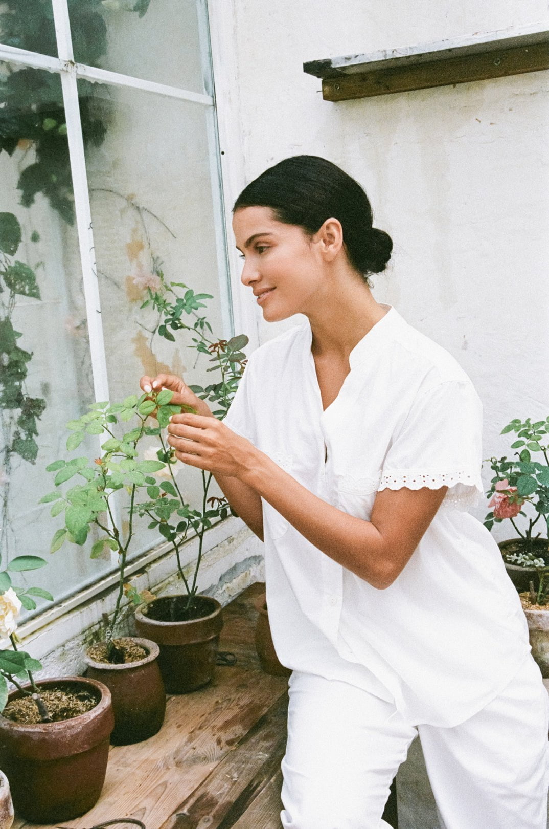 Maggie Pyjama Set - Long Pants - Off White Cotton Modal + Daisy Trim