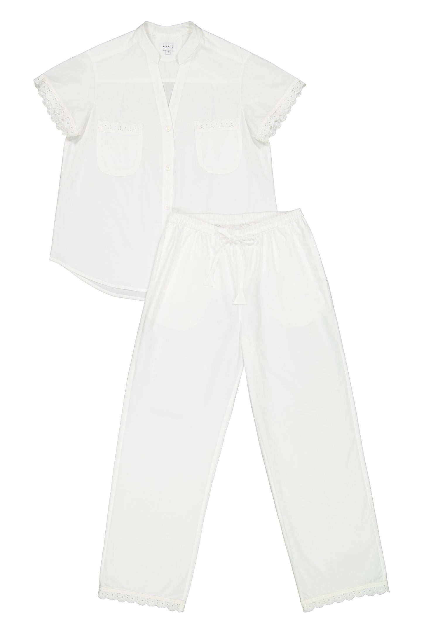 Maggie Pyjama Set - Long Pants - Off White Cotton Modal + Daisy Trim