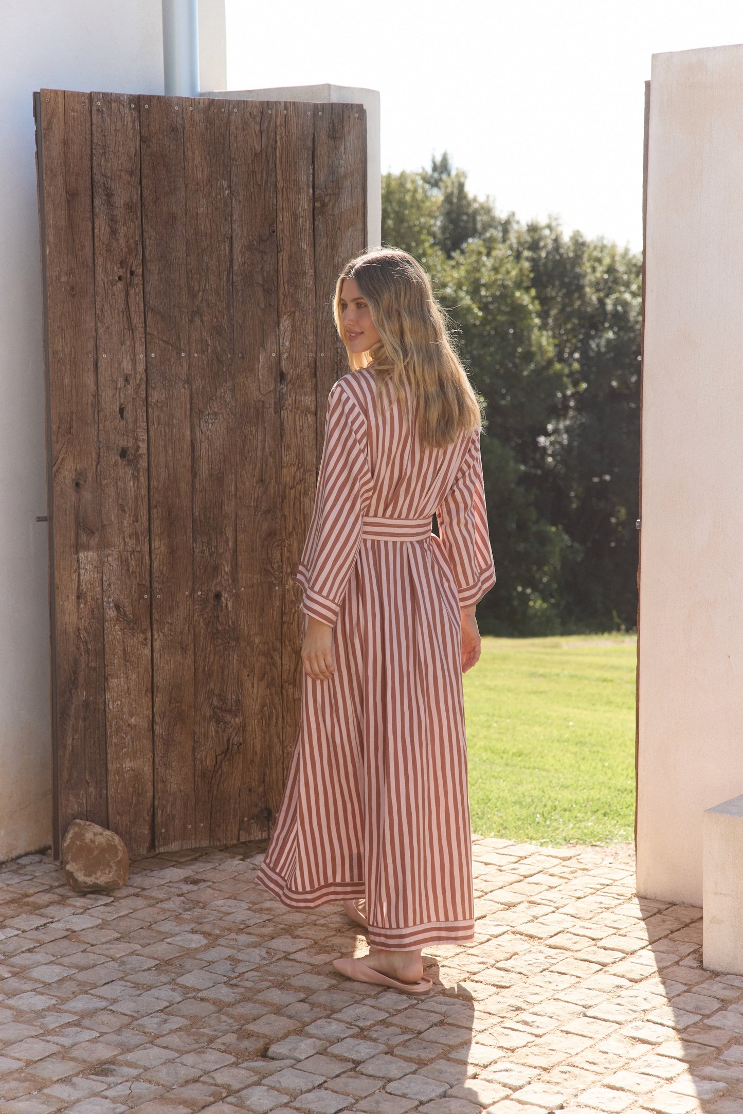 Alice Kimono Robe - Cotton Modal - Stripe Mocha