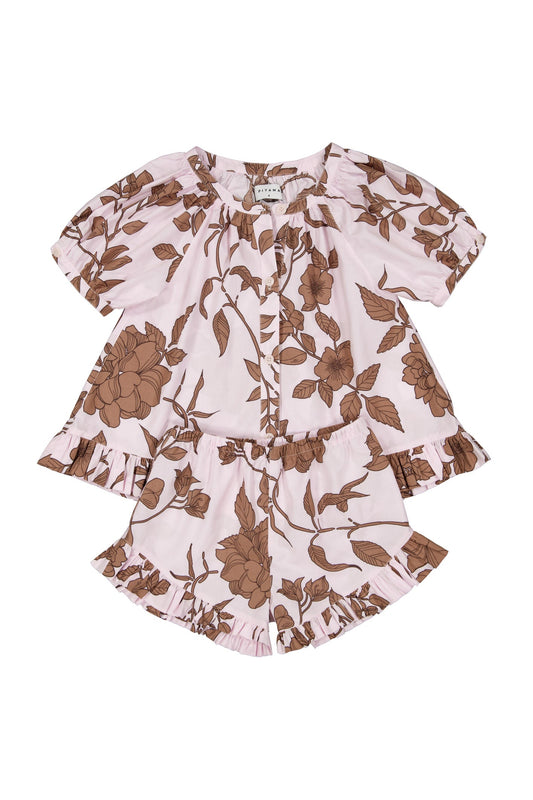 Girls Sophie Lounge Set - Cotton Modal - Romantic Floral Toffee