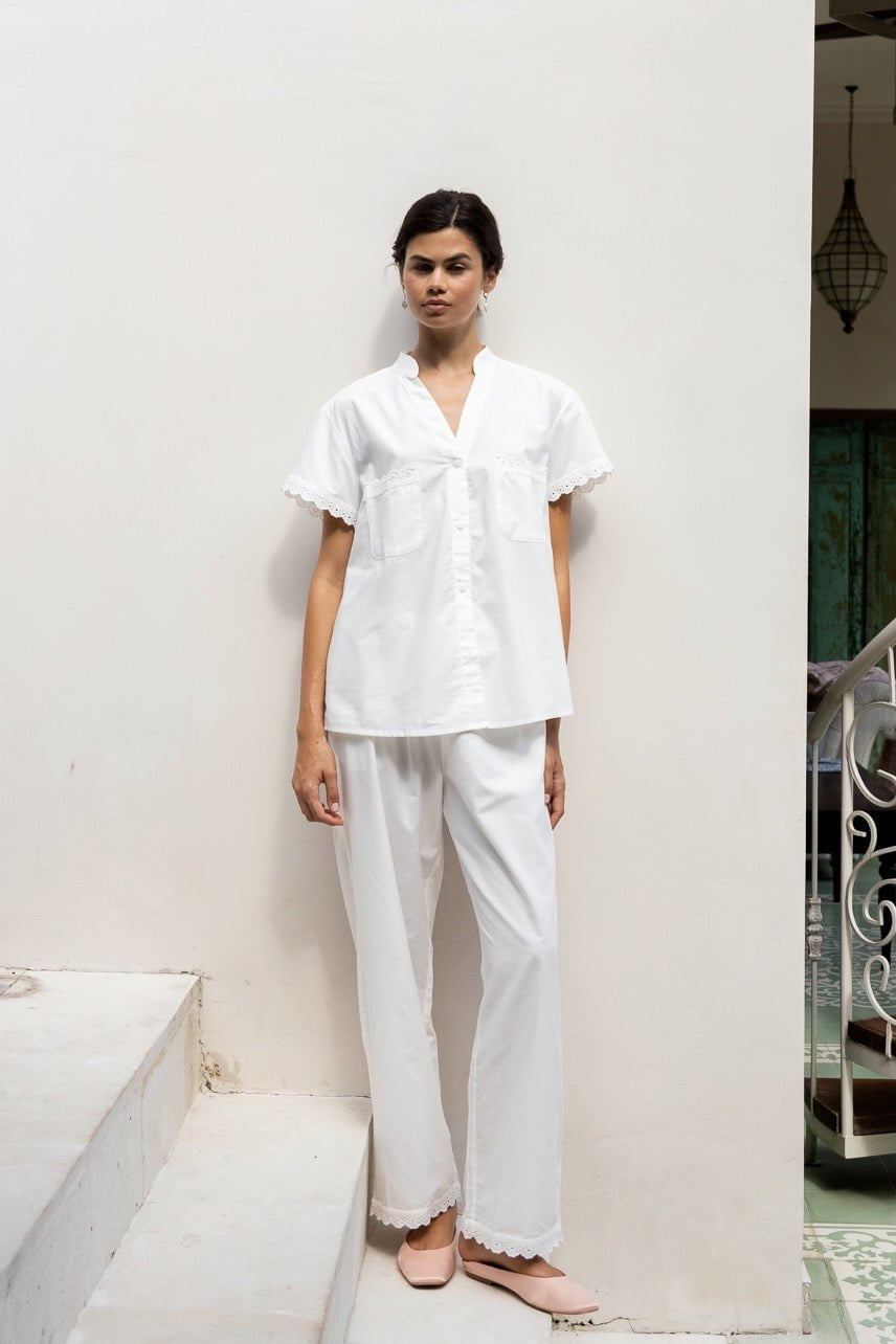 Maggie Pyjama Set - Long Pants - Off White Cotton Modal + Daisy Trim