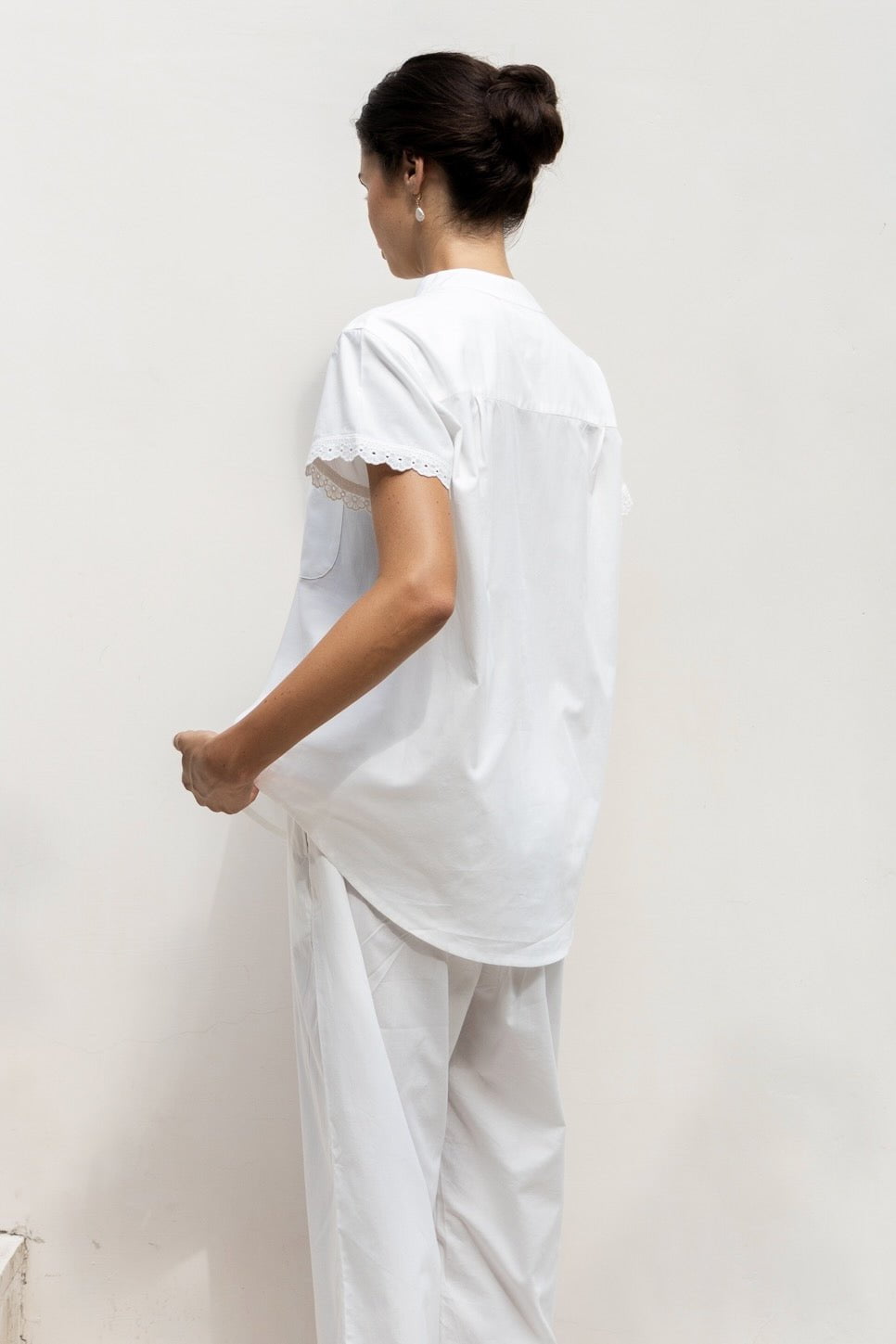Maggie Pyjama Set - Long Pants - Off White Cotton Modal + Daisy Trim
