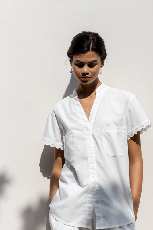 Maggie Pyjama Set - Long Pants - Off White Cotton Modal + Daisy Trim