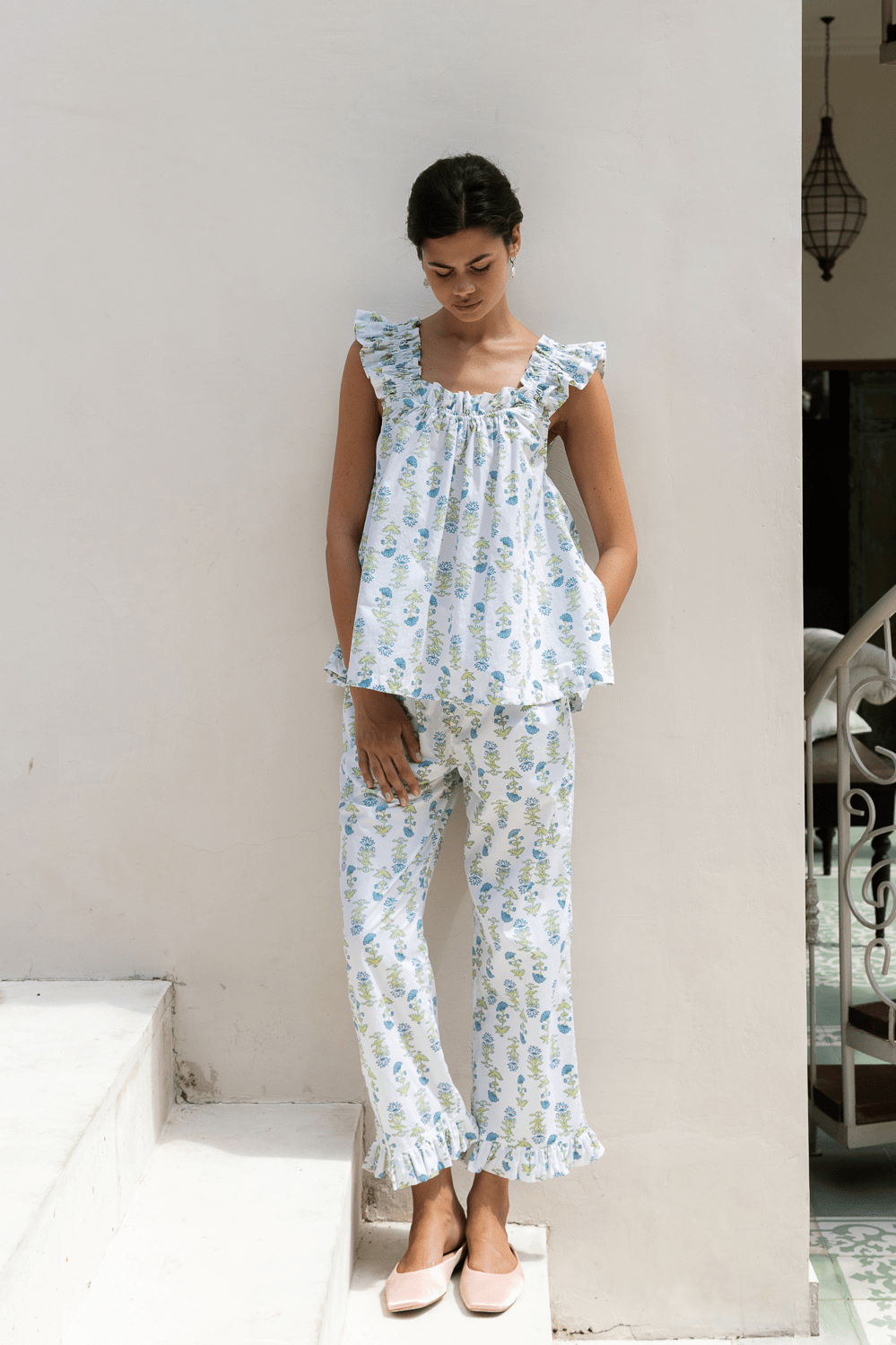 Nicolette Sleep Set - Pants - Cotton - Lotus Flower - Blue