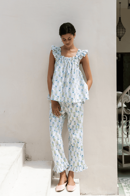 Nicolette Sleep Set - Pants - Cotton - Lotus Flower - Blue