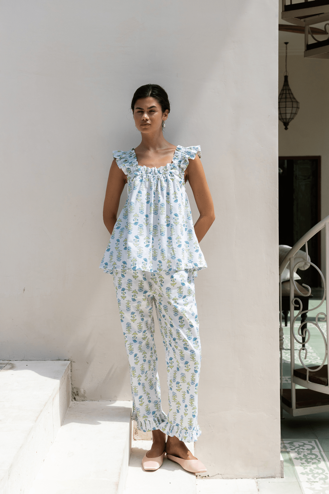 Nicolette Sleep Set - Pants - Cotton - Lotus Flower - Blue