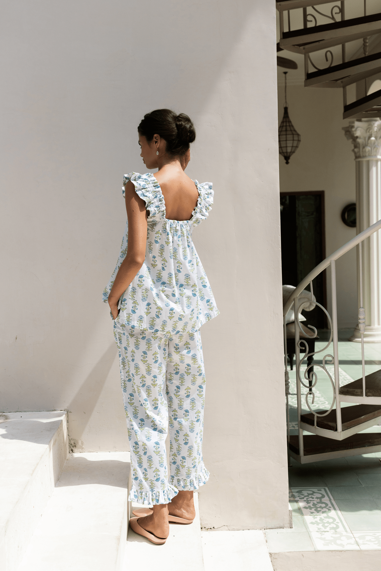 Nicolette Sleep Set - Pants - Cotton - Lotus Flower - Blue