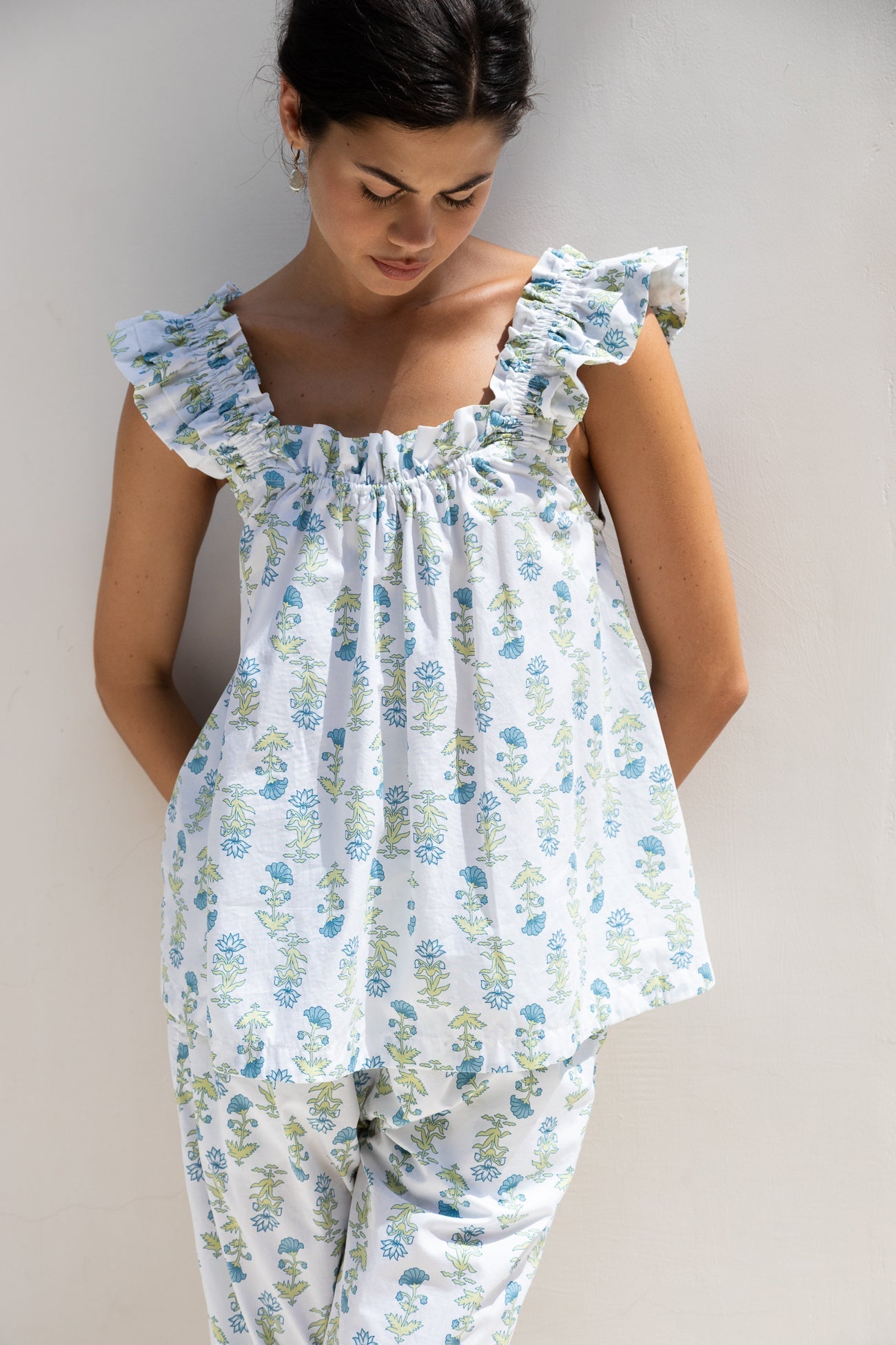 Nicolette Sleep Set - Pants - Cotton - Lotus Flower - Blue