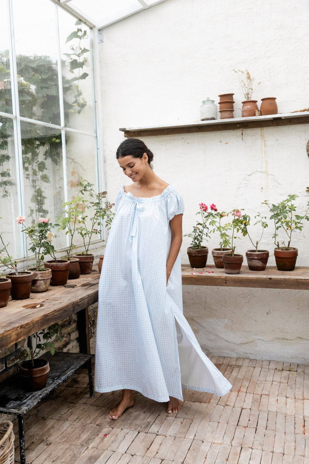 Lily Lounge Dress - Long - Cotton - Gingham Pale Blue