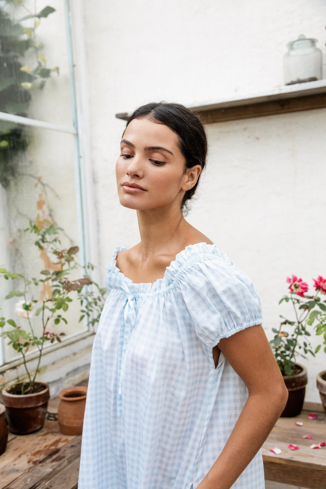 Lily Lounge Dress - Long - Cotton - Gingham Pale Blue