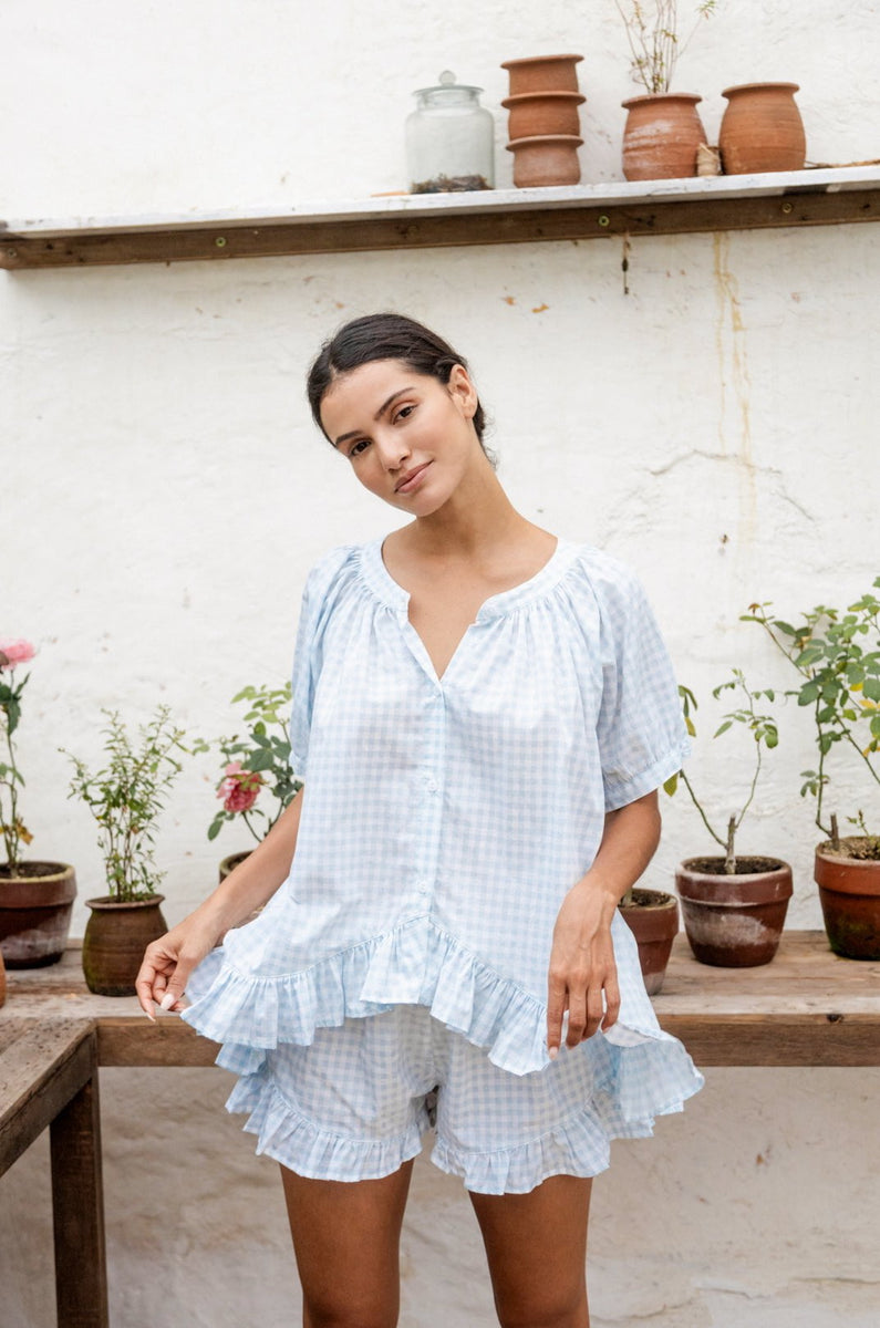Sophie Sleep Set - Cotton - Gingham Pale Blue