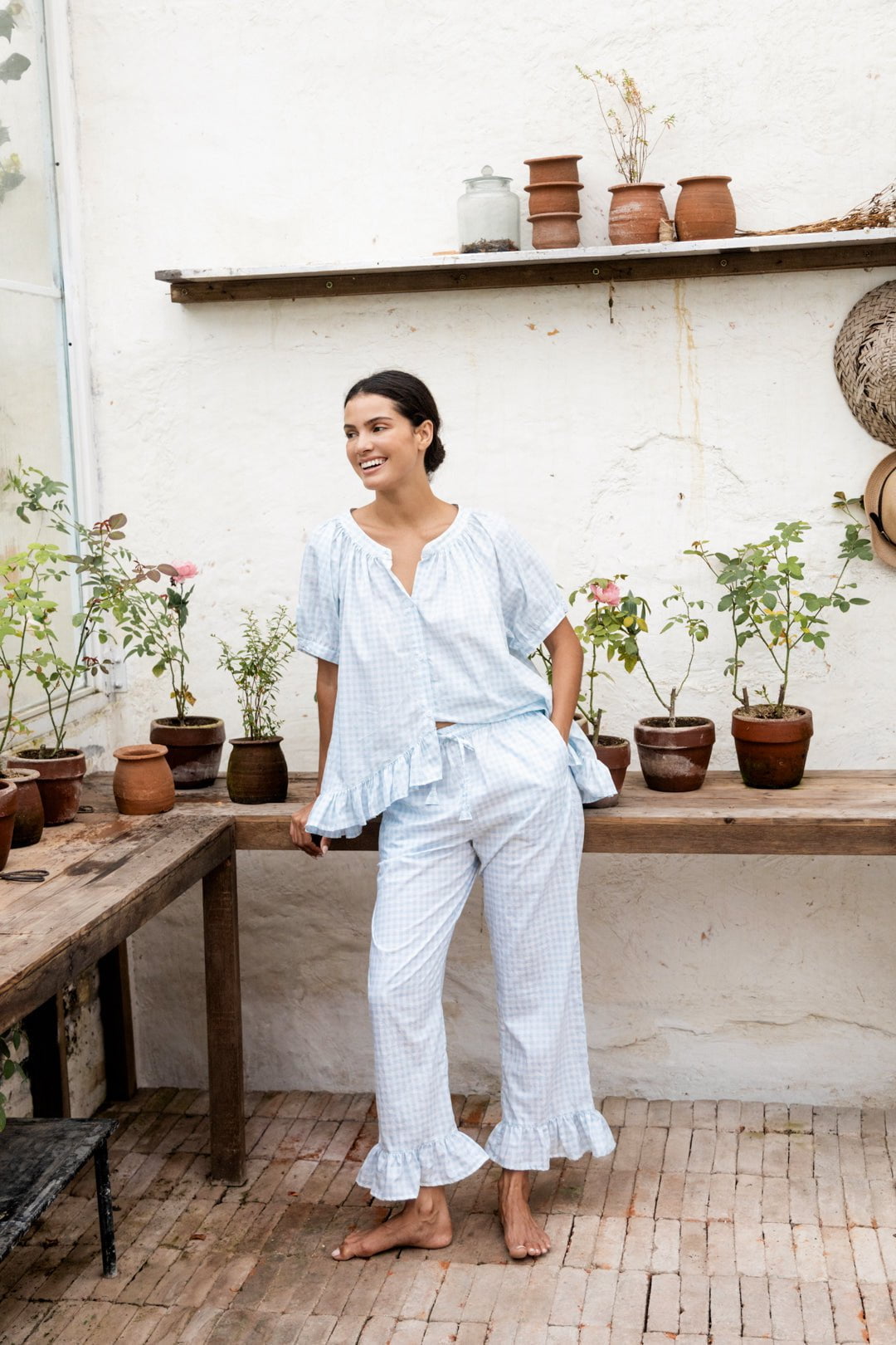 Sophie Sleep Set - Pants - Cotton - Gingham Pale Blue