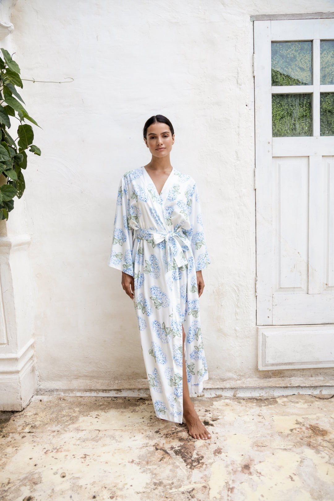 Piyama Alice Kimono Robe in Hydrangea Blue – blue floral long kimono robe in rayon – image 4