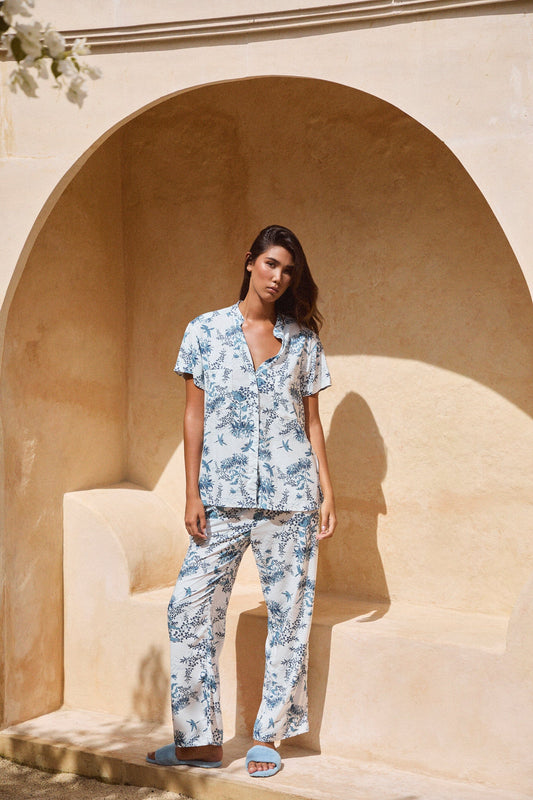 Piyama Maggie Pyjama Set - Long Pants - Summer Toile - Aegean Blue — front view