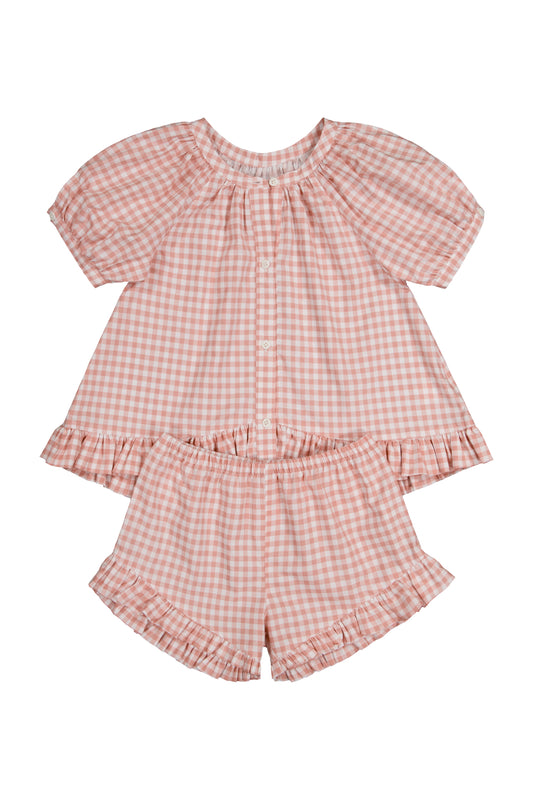 Piyama Girls Sophie Sleep Set in Petal Pink – pink gingham girls' pyjama set – top and shorts in cotton modal