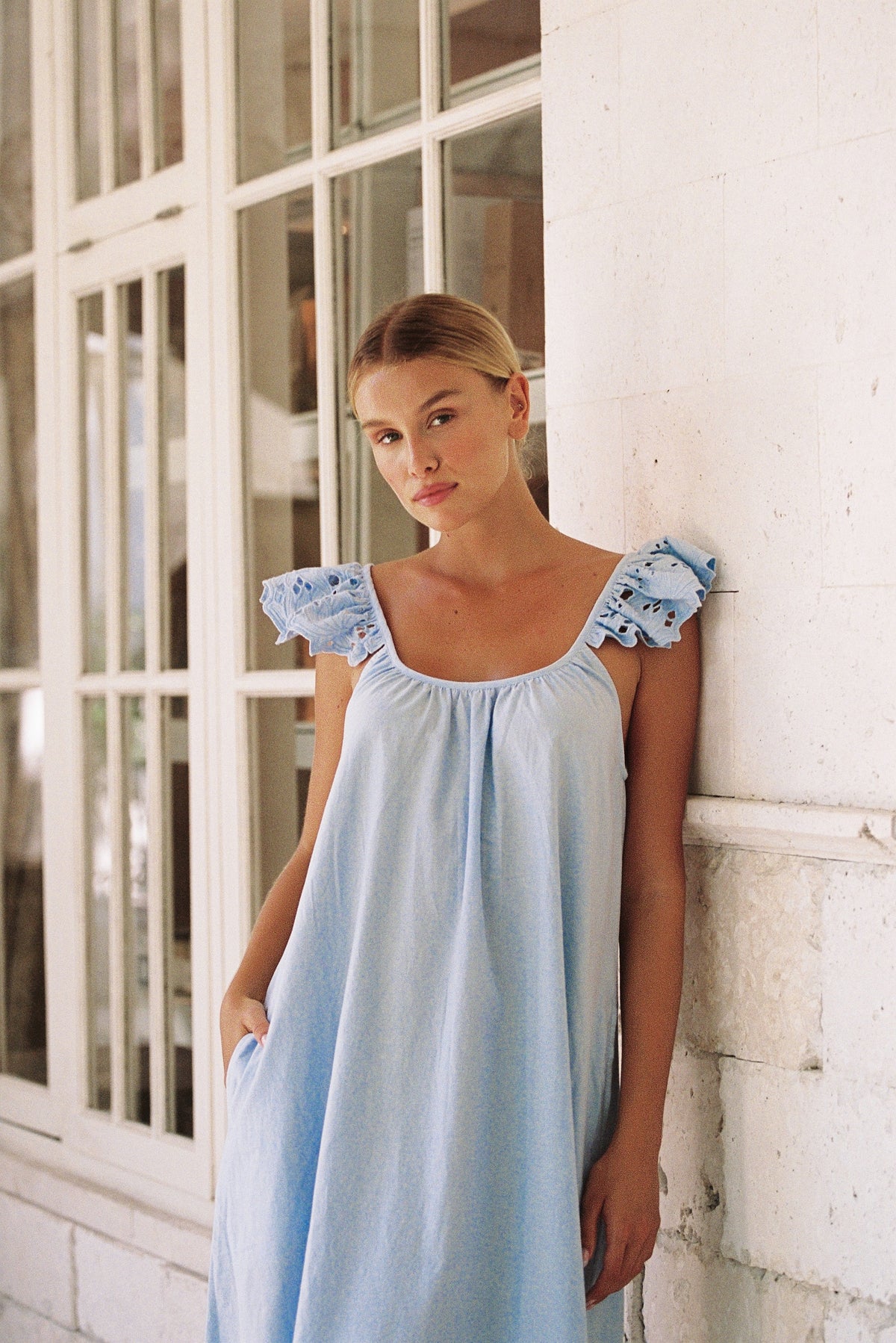 Indah Lounge Dress - Cotton Embroidery - Delicate Blue
