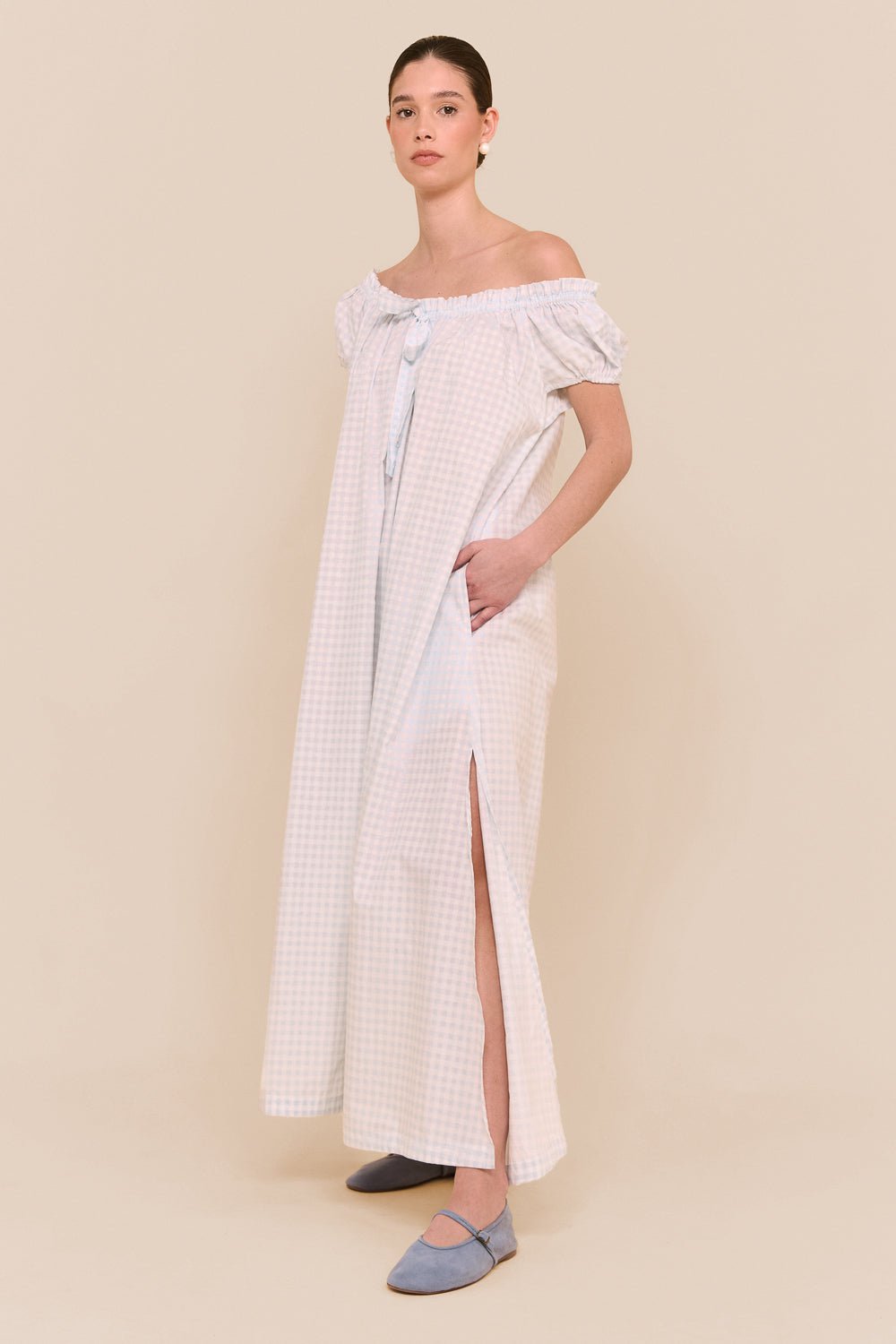 Lily Lounge Dress - Long - Cotton - Gingham Pale Blue