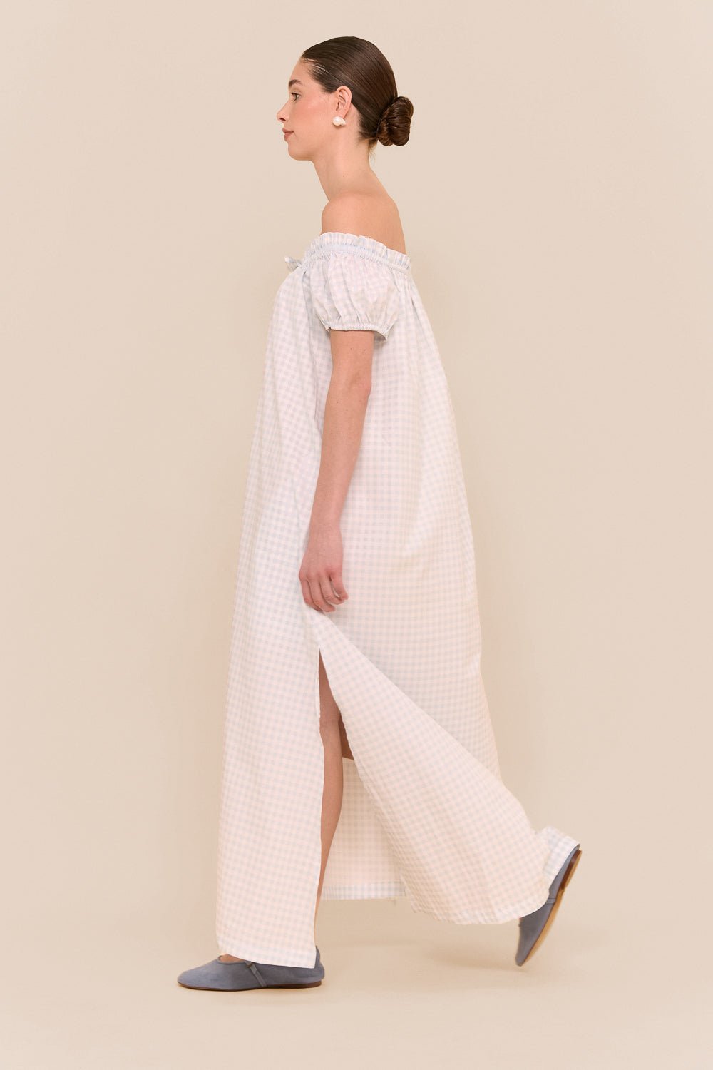 Lily Lounge Dress - Long - Cotton - Gingham Pale Blue