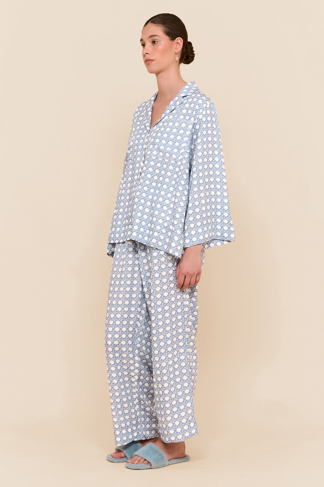 【MOODMOON】Cobalt Blue Long Sleeve Pajama Set HECHAN Blue Turndown Collar loungewear set for Women - Long