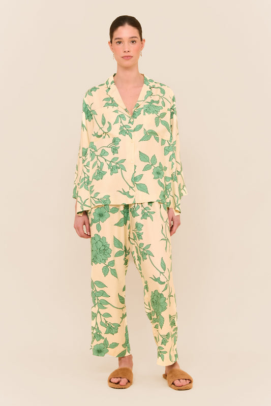 Piyama Peta Sleep Set in Romantic Floral – green floral pajama set – long-sleeve top and long pants in rayon twill – image 6