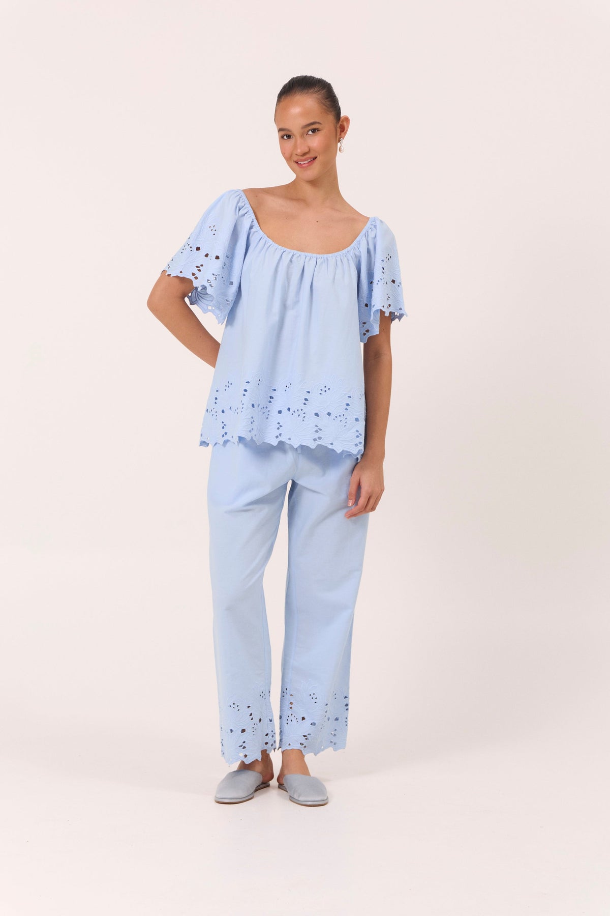 Betty Lounge Set - Pants - Cotton Embroidery - Delicate Blue
