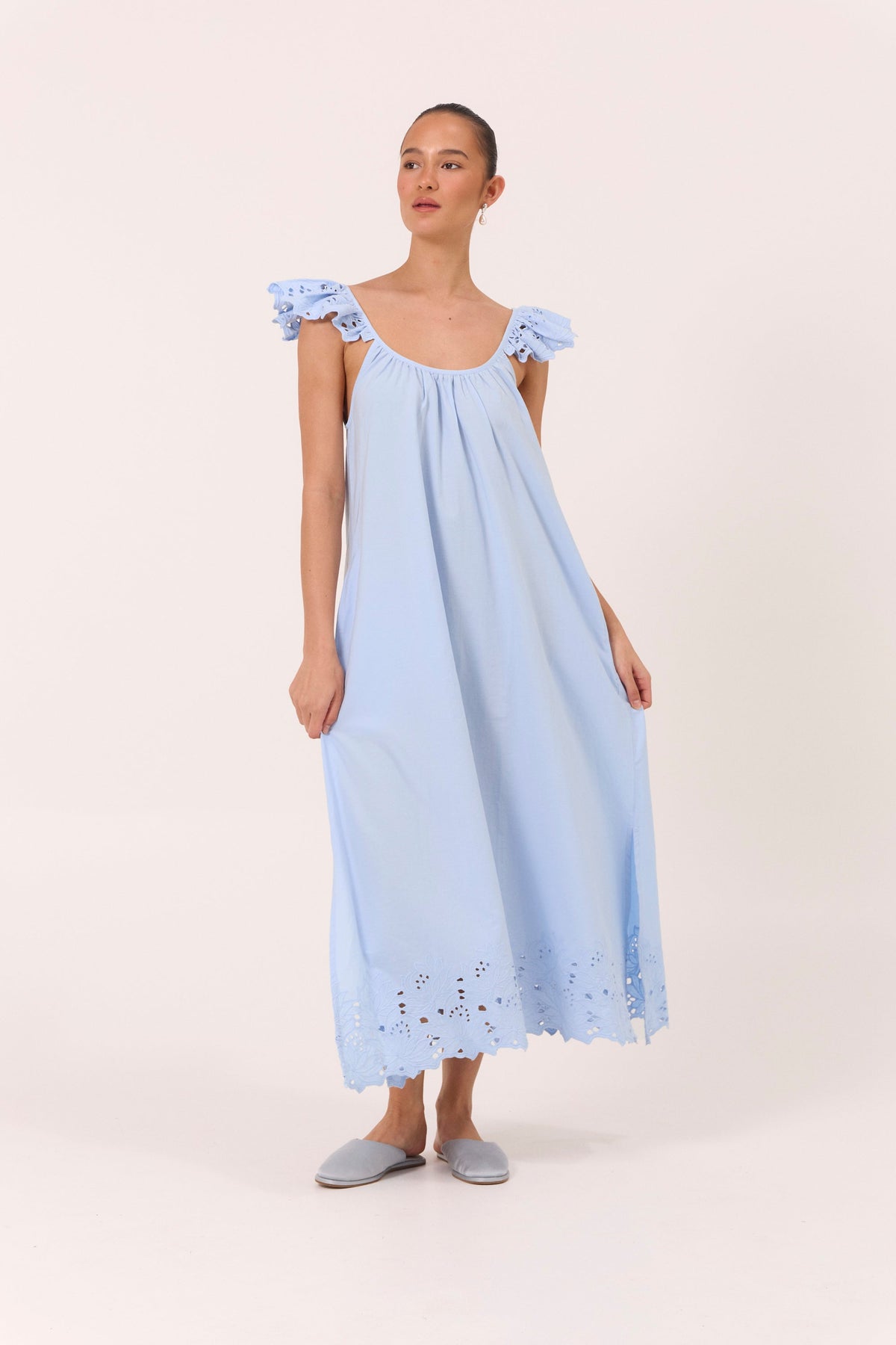 Indah Lounge Dress - Cotton Embroidery - Delicate Blue