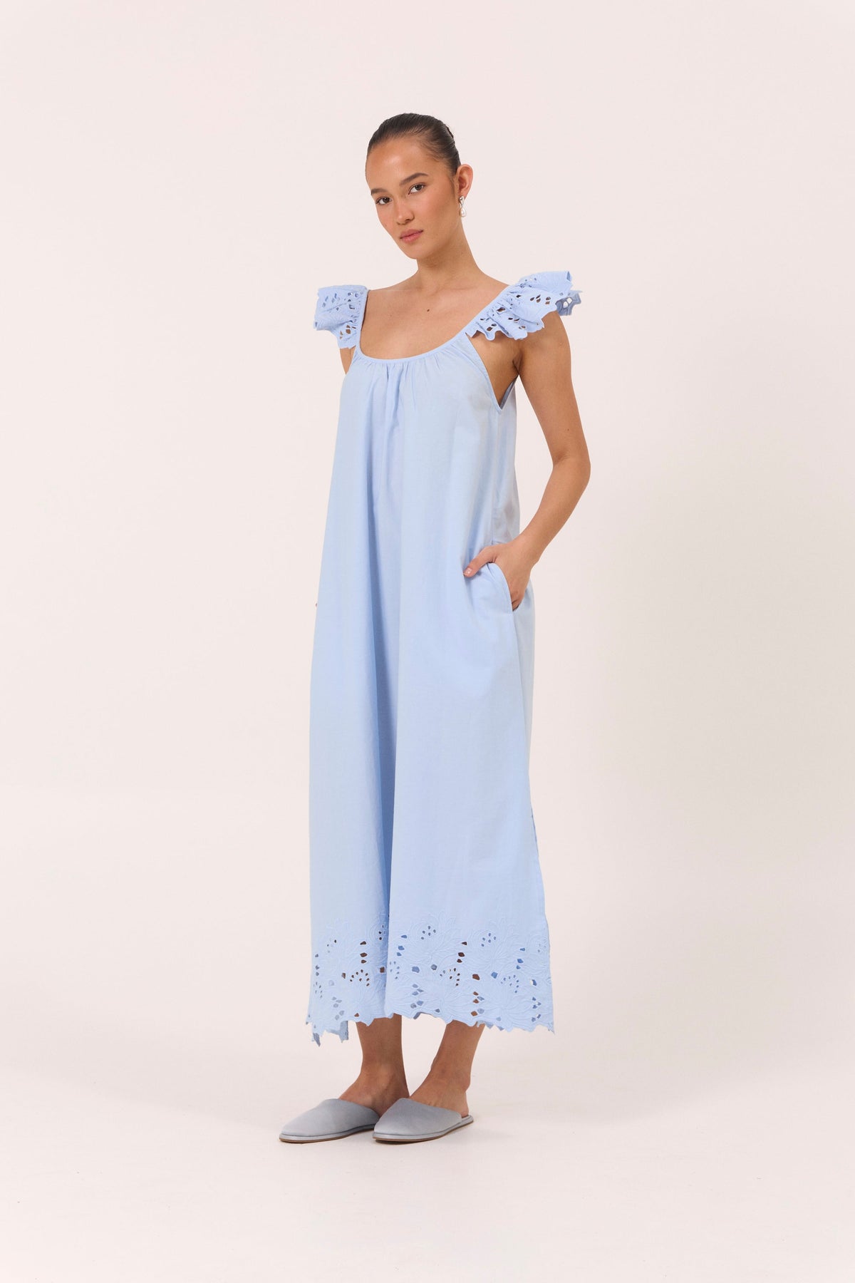 Indah Lounge Dress - Cotton Embroidery - Delicate Blue