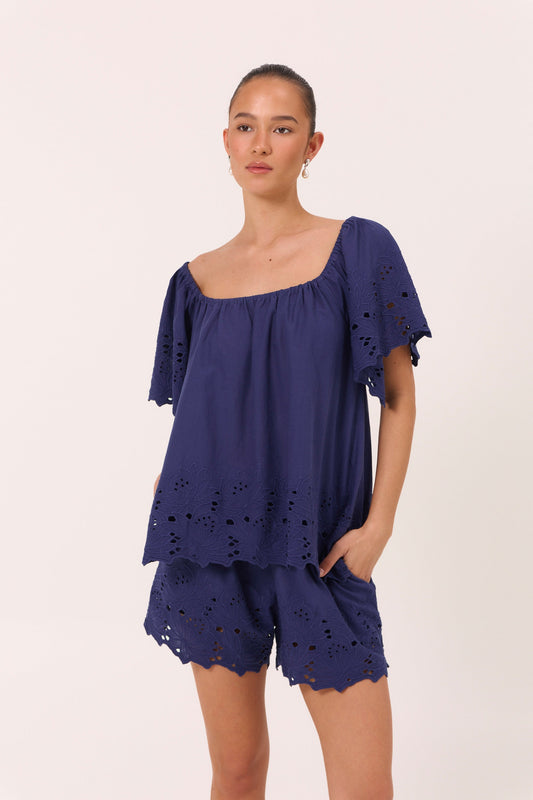 Betty Lounge Set - Cotton Embroidery - Twilight Blue