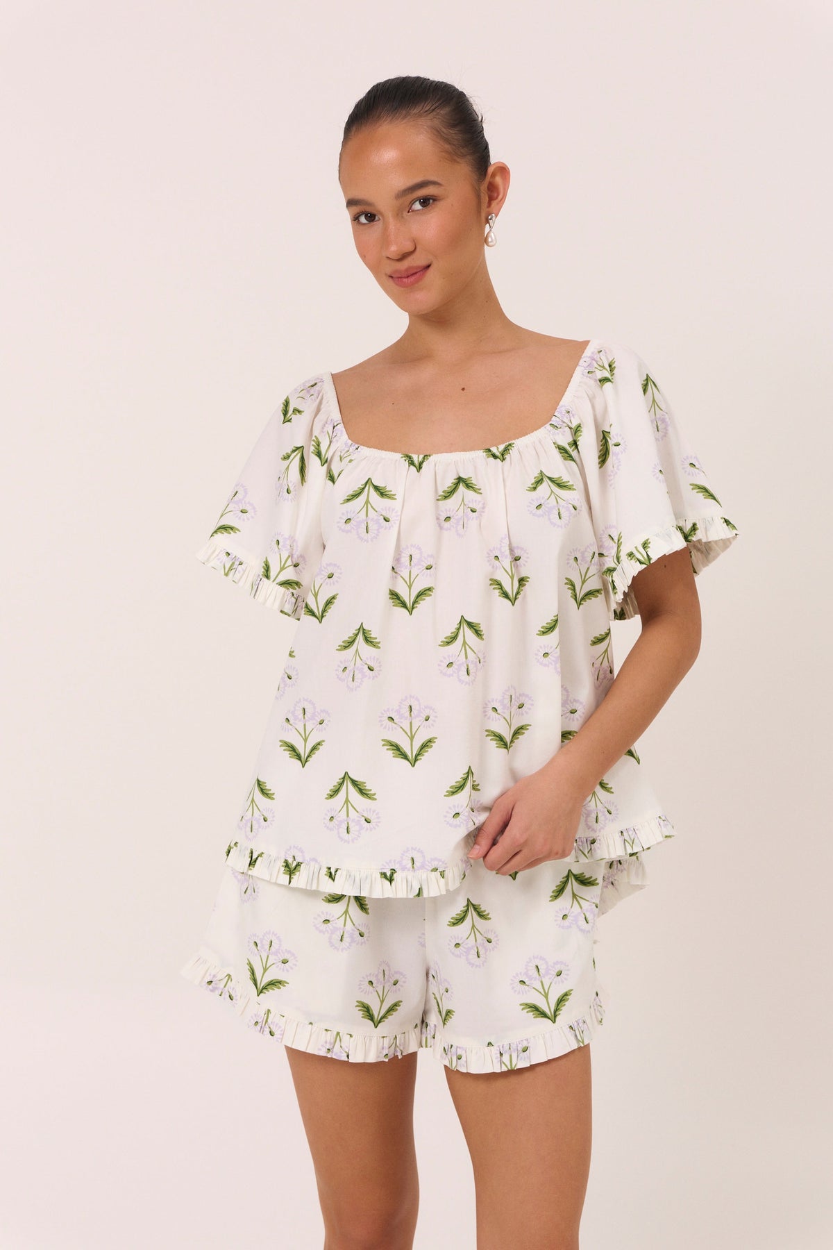 Piyama Betty Lounge Set in Dandelion Lilac – purple and green floral lounge set – top and shorts in cotton modal – image 3