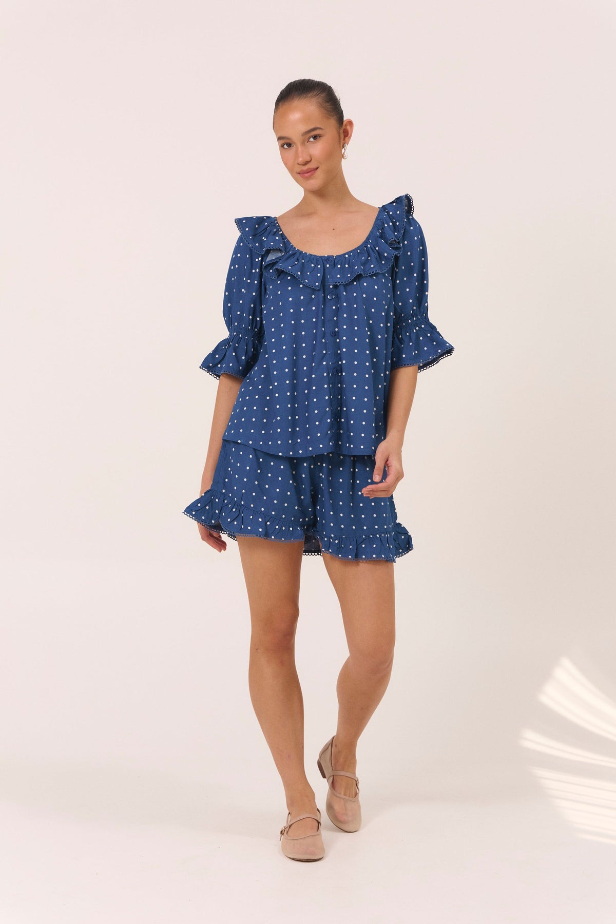 Piyama Jemima Sleep Set in Indigo Dot – navy and blue pyjama set – top and shorts in LENZING™ ECOVERO™ rayon – image 4