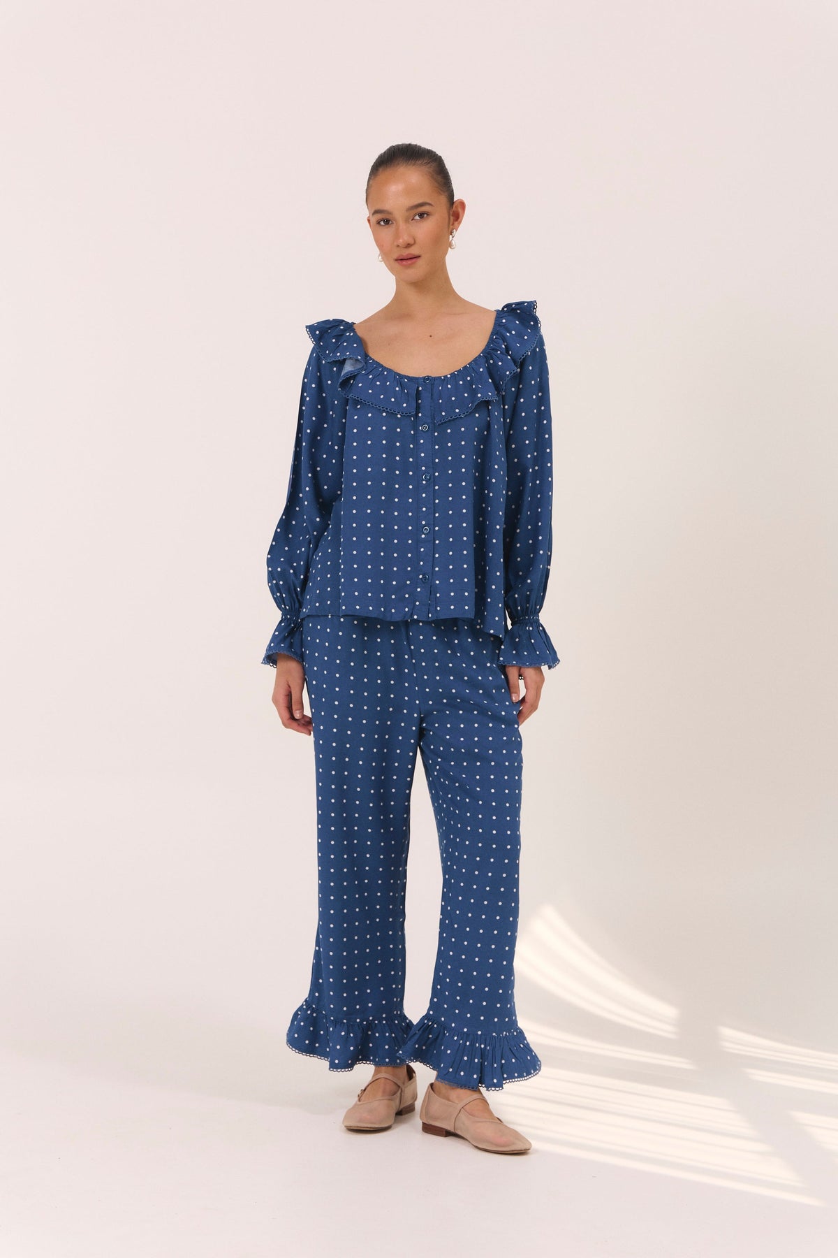 Piyama Jemima Sleep Set in Indigo Dot – navy and blue pyjama set – long-sleeve top and pants in LENZING™ ECOVERO™ rayon – image 1
