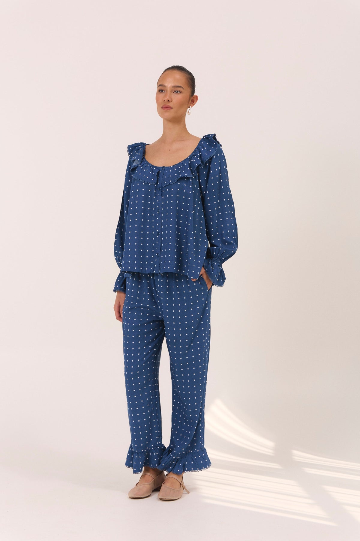 Piyama Jemima Sleep Set in Indigo Dot – navy and blue pyjama set – long-sleeve top and pants in LENZING™ ECOVERO™ rayon – image 6