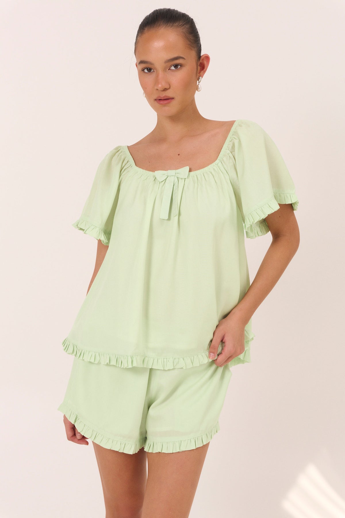Piyama Betty Sleep Set in Mint – green pyjama set – top and shorts in TENCEL™ Lyocell – image 1