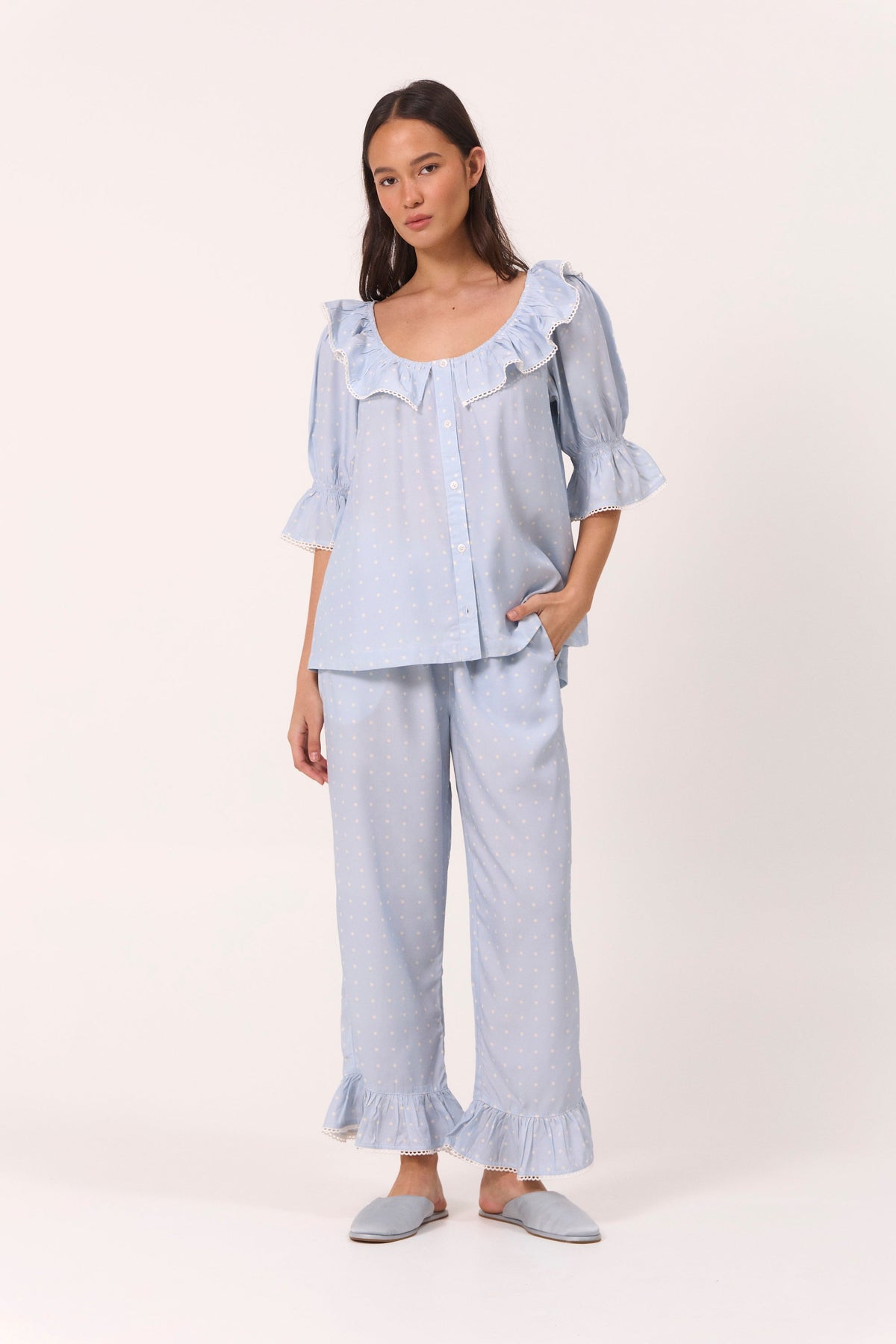 Jemima Sleep Set - Pants - ECOVERO™ - Milky Blue Dot