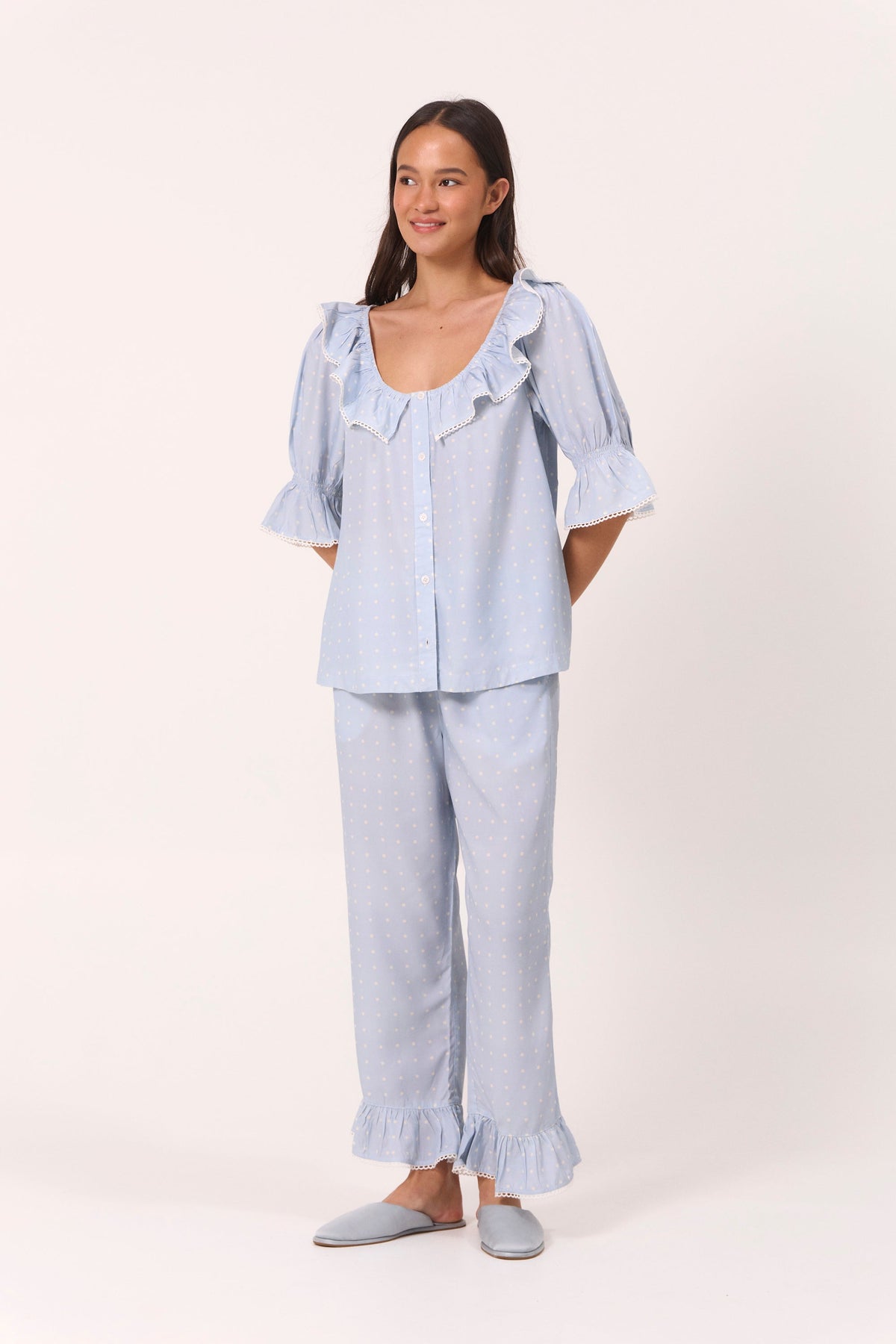 Jemima Sleep Set - Pants - ECOVERO™ - Milky Blue Dot
