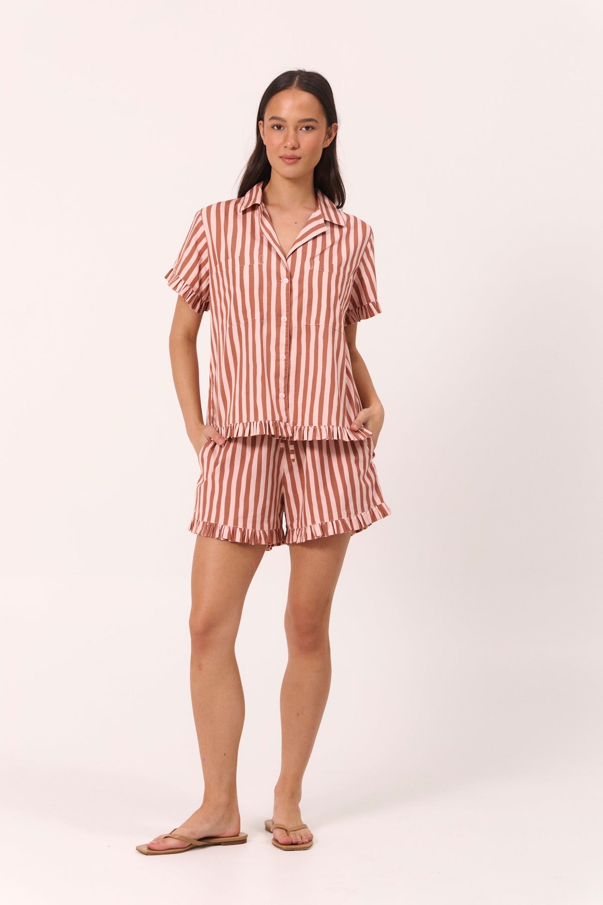 Felicity Frill Set - Cotton Modal - Stripe Mocha