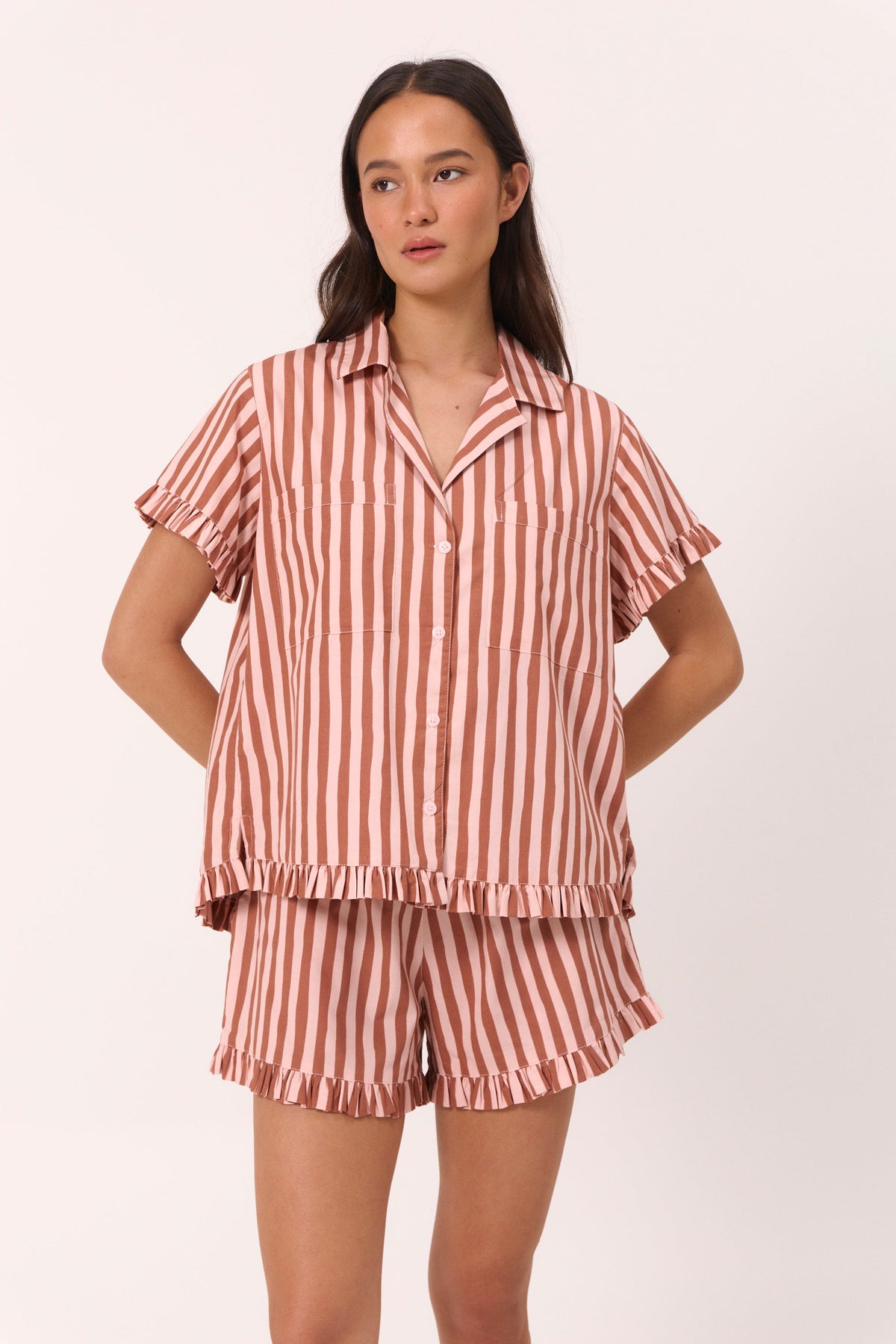 Felicity Frill Set - Cotton Modal - Stripe Mocha